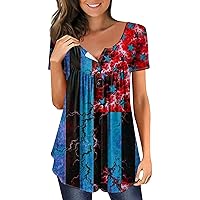 Womens 4Th of July Clothes Plus Size Henley Tunic Loose V Neck T Shirts Cute Short Sleeve Tops American Flag Tees