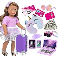 American 18 Inch Doll Travel Suitcase Play Set with 18 Inch Doll Clothes and Accessories Including Sunglasses Camera Computer Phone Ipad Travel Pillow ect