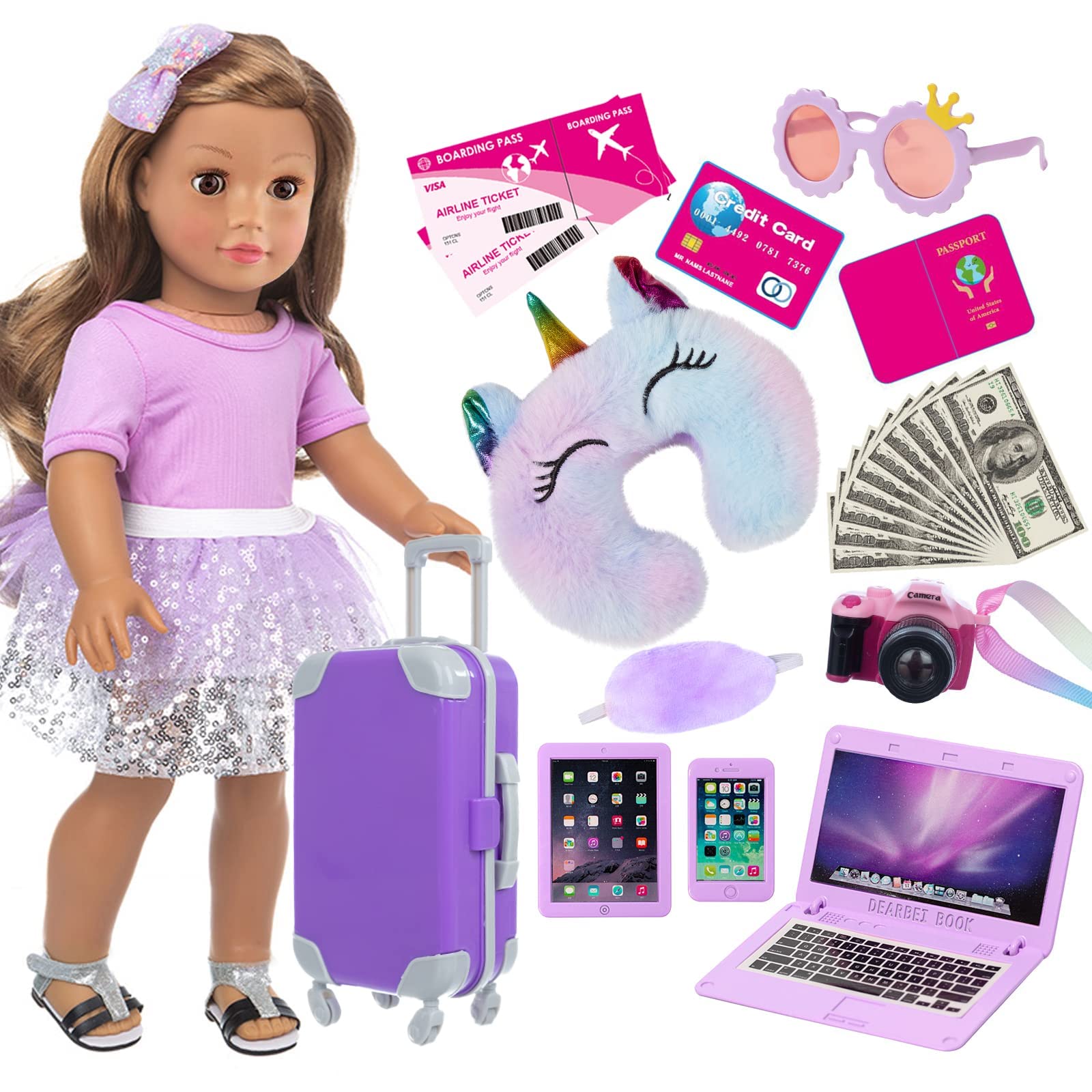 ZNTWEI 18 Inch Girl Doll Travel Suitcase Play Set with 18 Inch Doll Clothes and Accessories Including Sunglasses Camera Computer Phone Ipad Travel Pillow ect