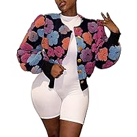 Flygo Women's Cropped Floral Print Fleece Bomber Jacket Puff Sleeve Button Down Varsity Coat Outerwear