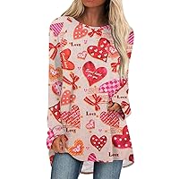 Valentines Day Teacher Shirt, Women's Fashion Casual Long Sleeve Heart Print Round Neck Plus Size Top Blouse