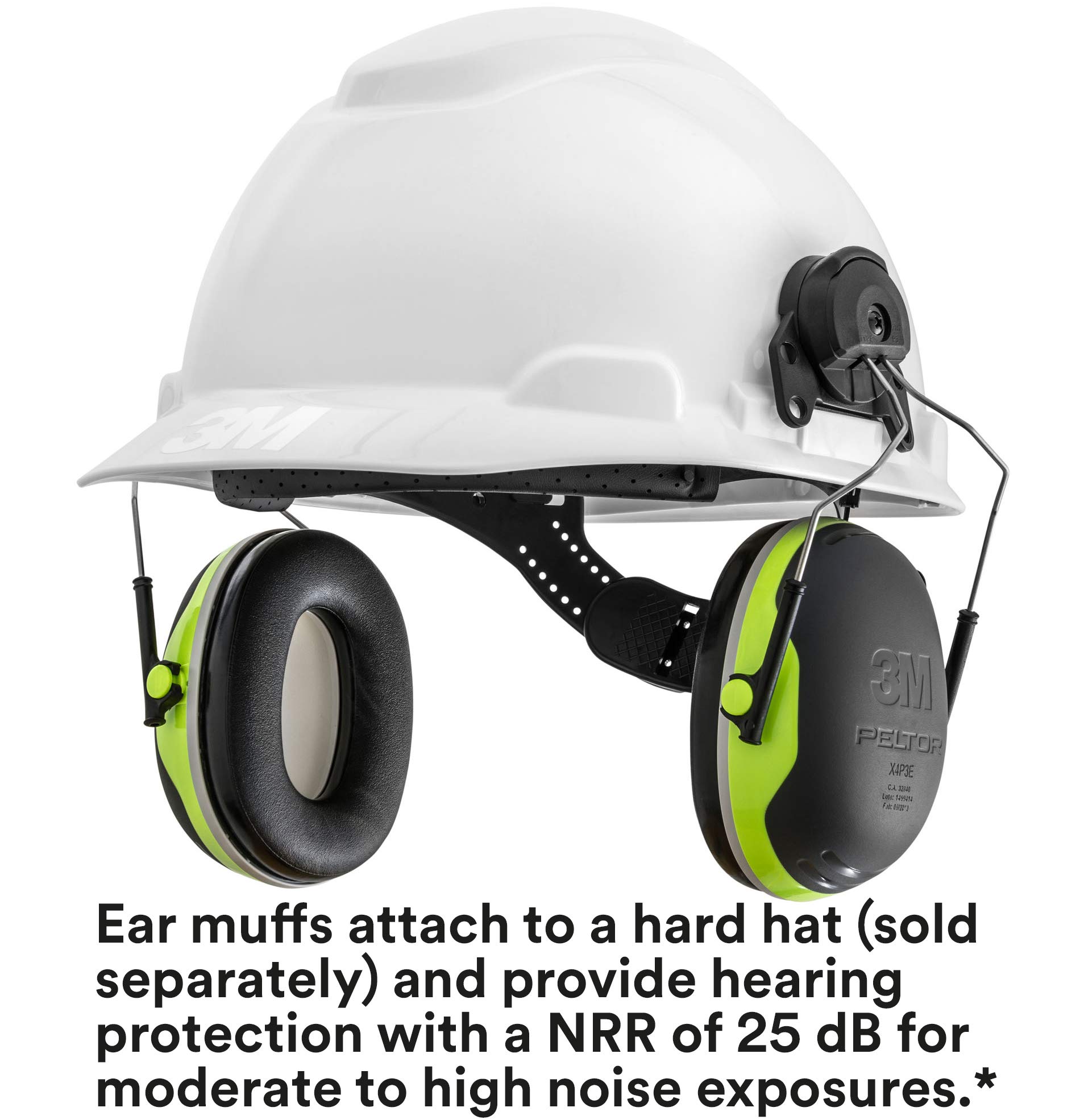 3M PELTOR Ear Muffs, Noise Protection, Cap Style Hard Hat Attachment, NRR 25 dB, Construction, Manufacturing, Maintenance, Automotive, Woodworking, Heavy Engineering, Mining, X4P3E, Black/Chartreuse