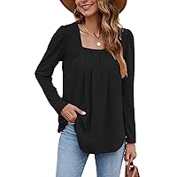 Square Neck Tops for Women Casual Pleated Long Sleeve Square Neck Tunic Shirtss Black L