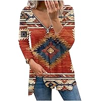 Ruziyoog Womens Western Ethnic Style T-Shirts Geometric Rhombus Printed Tops Zipper V Neck Loose Casual Tee Shirt Blouse