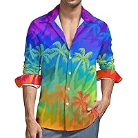 Mens Button Down Long Sleeve Shirts Rainbow Palm Trees Soft Peach Skin Velvet Beach Shirts with Pocket color24