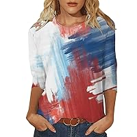 4th of July Shirts for Women Independence Day Crewneck 3/4 Length Sleeve Plus Size Top American Flag Printed Tees
