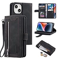 UEEBAI Wallet Case for iPhone 13, Retro 9 Card Holder Slots Zipper Pocket Handbag Case PU Leather Magnetic Closure Kickstand with Wrist Strap TPU Shockproof Flip Case - Black