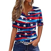 Independence Day Shirts for Women Short Sleeve V Neck Button Tops USA Flag Stars Stripes Print Patriotic Blouse
