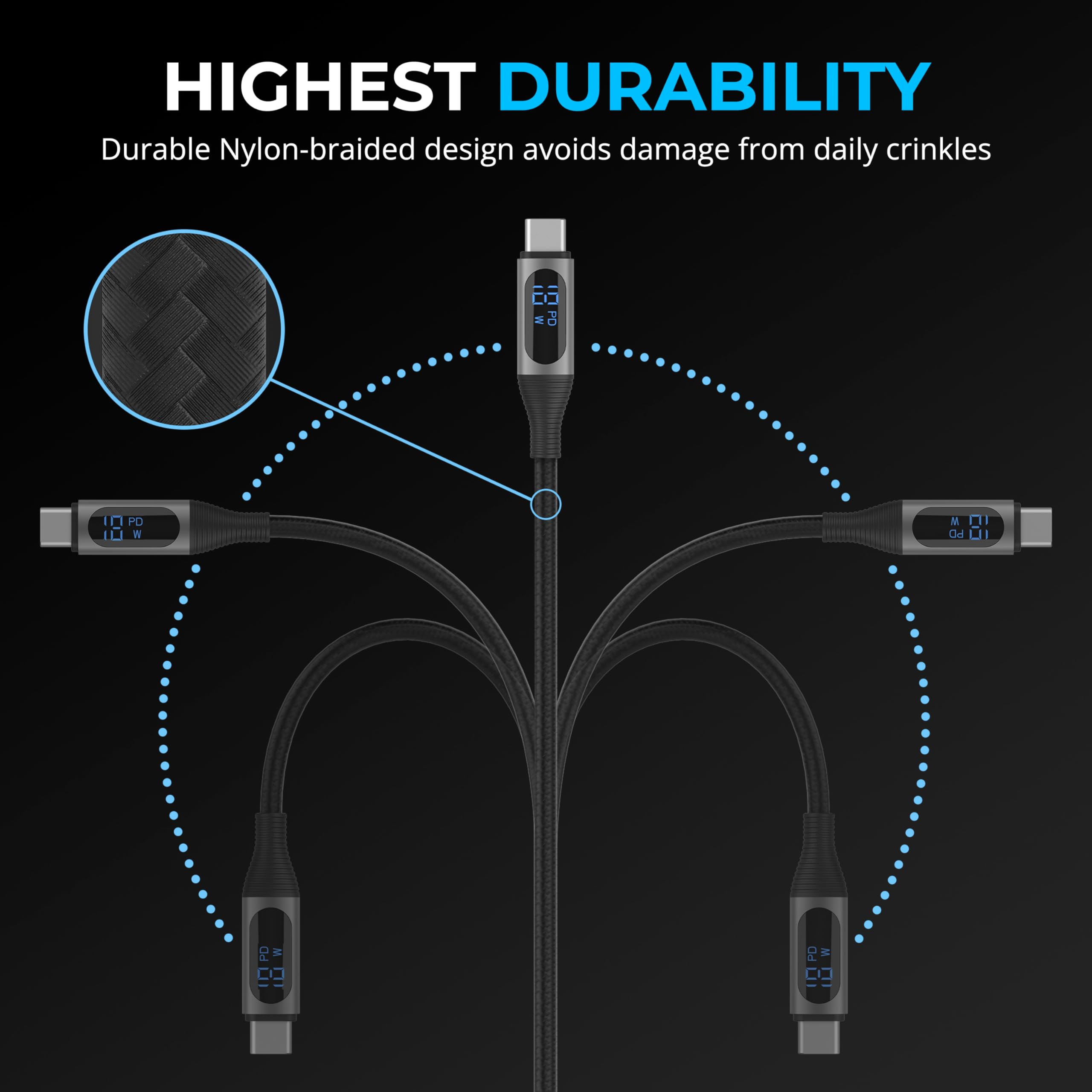 SABRENT USB C to USB C Charging Cable with Smart Display, 2M/6.6FT Long, E-Marker Chip, 100W Charging and 480Mbps Data Transfer Speeds, for Laptops, Smartphones, Tablets (CB-C2C2)