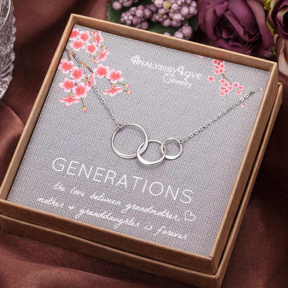 AnalysisyLove 3 Generations Necklace - Sterling Silver Interlocking Infinity 3 Circles Necklace for Grandma Mom Granddaughter, Birthday Jewelry Mothers Day Gift