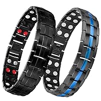 Feraco Magnetic Bracelets for Men Pain Relief Titanium Steel Double Row Strong 4 Element Magnets Bracelet with Unique Blue Line, Adjustable Bracelet (pack of 2)