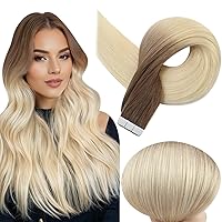 Full Shine Tape ins Real Human Hair Extensions 16 inch Tape in Human Hair Brown Roots Blonde Tape Extensions Thick Ends 50 Gram 20 Pcs Skin Weft Hair Extensions 3/8/613 Balayage Tape Hair