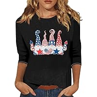 Women's 4Th of July Tops Fashion Casual 3/4 Sleeve Print Stand Collar Pullover Top Shirt, S-3XL