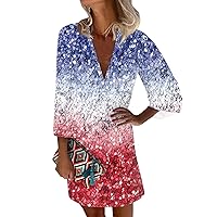 4th of July Womens Dress Patriotic Dress for Women Sexy Casual Vintage Print with 3/4 Length Sleeve Deep V Neck Independence Day Dresses Light Blue X-Large