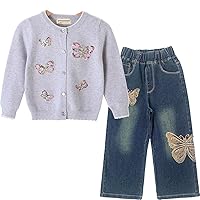 Peacolate 4Y-8Y Bunny-Shaped Little Girls White Long Sleeve Sweater&Jeans Clothing Set