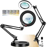 10X Magnifying Glass with Light and Stand, 5 Color Modes Stepless Dimming LED Desk Lighted Magnifier, Adjustable Swing Arm Hands Free Magnifying Lamp for Craft Reading Soldering Close Work