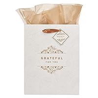 Christian Art Gifts Portrait Gift Bag w/Tag & Tissue Paper Set for Women: Grateful for You - Faith-inspired for Birthdays, Graduations, Thinking of You, White Floral, Taupe, & Golden Foil, Medium