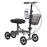 Dynarex Steerable Knee Walker with Basket–Compact, Knee Scooter with Black Padded Rest for the Right or Left Leg, 300 Pound Weight Capacity, Silver, 1-Dynarex Steerable Knee Walker with Basket-Compact