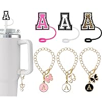 （3 +3) Nuozme Straw Cover Compatible with Stanley Tumbler Cup 3PCS Letter Straw Caps Toppers with 3 Initial Butterfly Charms Name ID For Stanley 30&40 Oz Cup (3 letter straw cover 3 letter charm A)