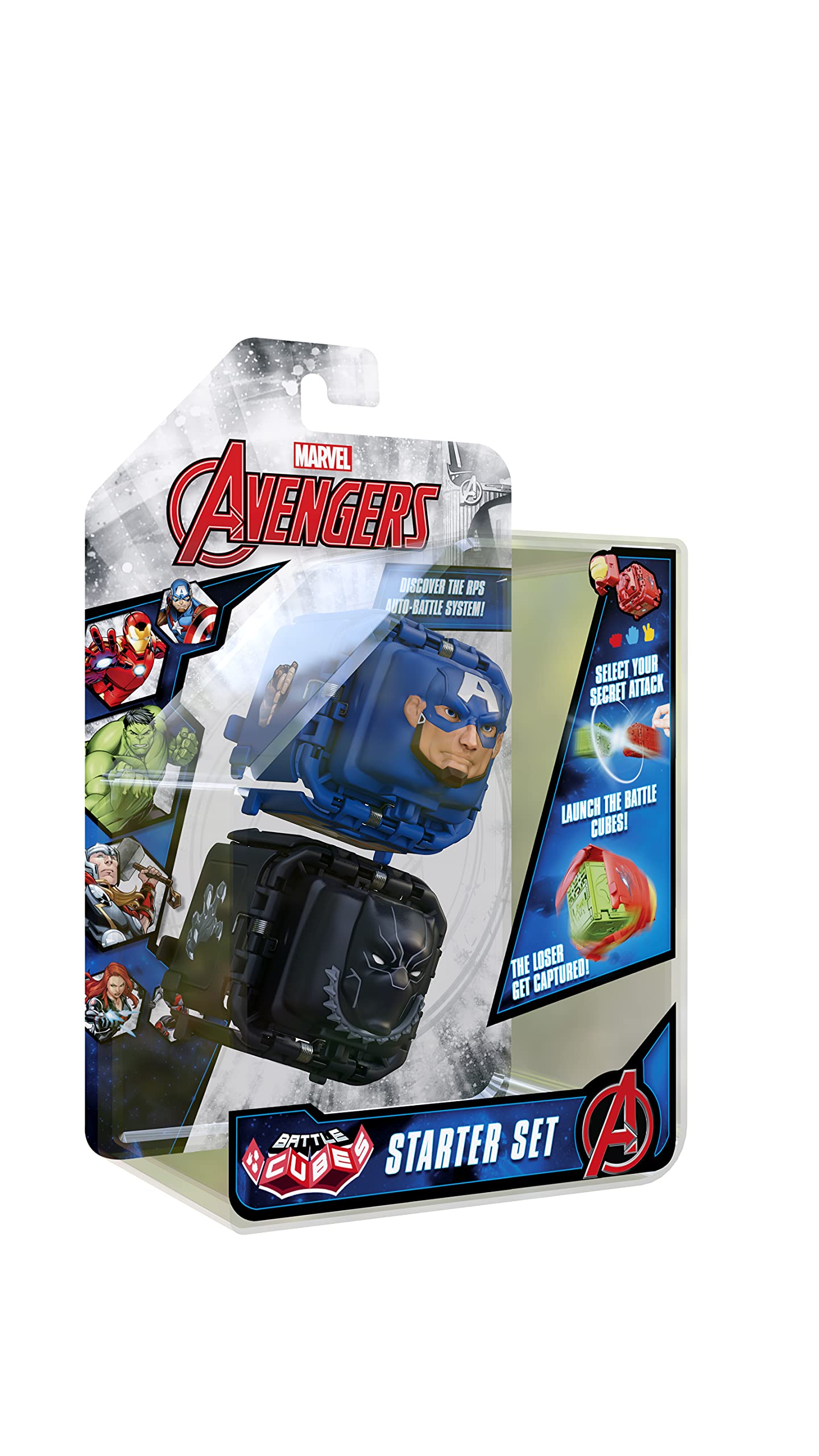 MARVEL Avengers Battle Cubes 2-Pack, Captain America VS Black Panther, Unleash Power, Launch Attack, 2 Cubes & 6 Tokens, RPS Auto-Battle System, Battle Cube APP, Collectible Pocket-Sized Game, Ages 5+