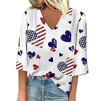 Women's Loose T-Shirt Seven Sleeve V-Neck Independence Day Print Casual Top Three Quarter Length Tunic Tops