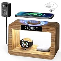 Bamboo Wireless Charging Station: Wireless Charger with Digital Alarm Clock and Night Light, Fast Charging Stand for iPhone 14/13/12/11 Pro Max/X/Xs Max/8, AirPods Pro, iWatch Series 8/7/6/5/SE/4/3/2