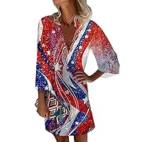 4th July Dress Patriotic Dress for Women Sexy Casual Vintage Print with 3/4 Length Sleeve Deep V Neck Independence Day Dresses Deep Red X-Large