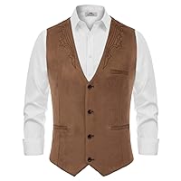Men's Suede Leather Suit Vest Embroidery Casual Slim Fit Western Vest Waistcoat