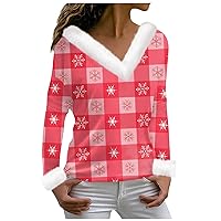 Women's Christmas Shirts T Shirt Tee Shirt Long Sleeve Party Print Fleece Collar V Neck Top, S-3XL