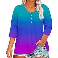 Womens Tops 3/4 Sleeve Gradient Sequins Print Shirts Casual Henley Button Down Tops Fahion Going Out Summer Blouses