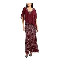 JKARA Womens Maroon Sequined Beaded Sheer Lined Asymmetrical Overlay Flutter Sleeve V Neck Full-Length Evening Gown Dress 8