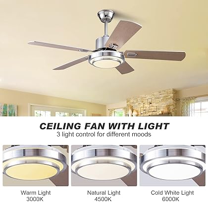 Boomjoy 52”Wood Ceiling Fans with Lights and Remote Control Indoor Outdoor Modern Silver Ceiling Fan with LED Bright Light for Living Room Bedroom Farmhouse Patios Garage Gazebo DC Motor Dual 5 Blades