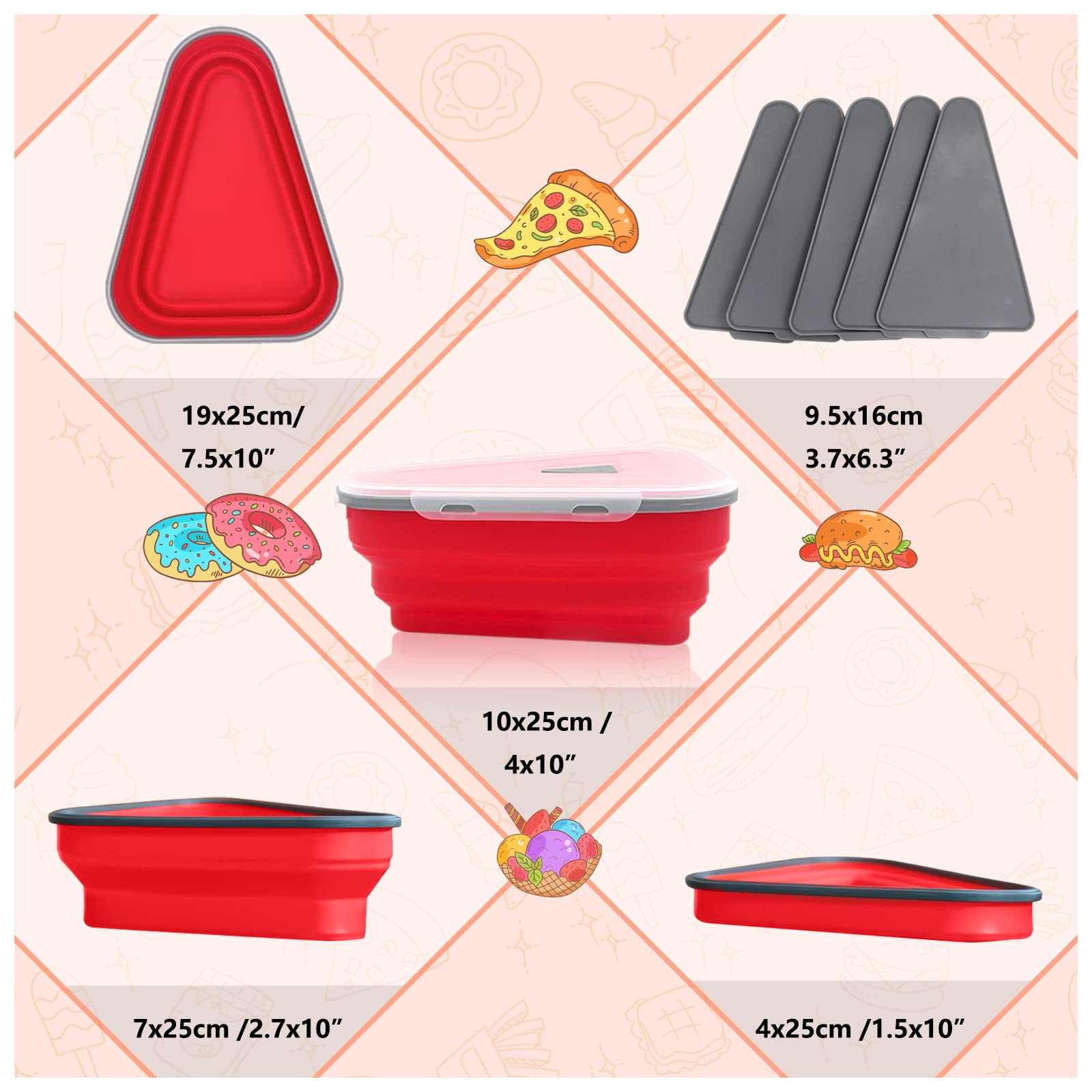 Kasalida Leftover Pizza Storage Container Pizza Container Expandable with 5 Microwavable Serving Trays Dishwasher Safe BPA Free and Microwave Friendly (Red)