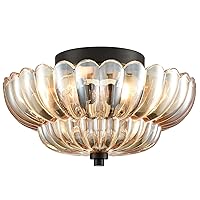 HYDELITE Modern Black Flush Mount Ceiling Light 3-Light Close to Ceiling Light Fixtures with Scalloped Amber Glass Shade for Living Room Entryway