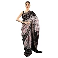 Gray-Quill Sambalpuri Handloom Saree with Ikat Weave All-over - Pure Cotton