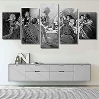 ORDIFEN Canvas Wall Art Pictures 5 Panel Last Supper Jesus Black And White Christian Religion Framed Canvas Wall Art 5 Pieces Paintings Stretched Ready To Hang For Home Office Decor