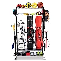 Golf Bag Storage Garage Organizer, 3 Golf Bag Stand and Sports Equipment Storage Rack for Garage with Wheels, 4 Hooks, Golf Accessories Storage Rack with Extra Golf Clubs Display Rack
