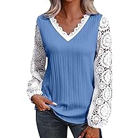 Blusas De Mujer Elegantes Spring Tops for Women 2024 Business Casual Long Sleeve Lace Tshirts Shirts Trendy Dressy Casual V Neck Blouses Summer Tunic Tops Teacher Outfirts(M Light Blue,Medium)