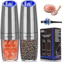 Gravity Electric Salt and Pepper Grinder Set,Battery Powered Automatic Operation Electric Salt and Pepper Shakers,LED Light Adjustable Coarseness Premium Stainless Steel Mill of 2 (SILVER)