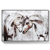 lamplig Horse Pictures Large Hand Painted Wall Art Oil Paintings Brown Animal Canvas Prints Farmhouse Wall Decor Horses Head to Head Artwork Stretched Black Frame for Bedroom Living Room 48x32 inch