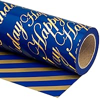 WRAPAHOLIC Reversible Birthday Wrapping Paper - Mini Roll - 17 Inch X 33 Feet - Blue and Gold Foil Happy Birthday Lettering Design for Birthday, Holiday, Party, Baby Shower