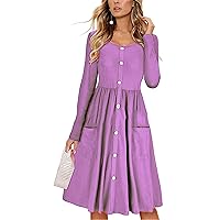 Womens Long Sleeve Button Down Loose Swing Midi Dress Round Neck Casual Skater Dress with Pockets A Line Tunic Dresses