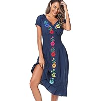 YZXDORWJ Women Mexican Embroidered Casual Dress Summer Ruffle V Neck Short Sleeves