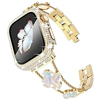 Compatible with Gold Apple Watch Bands 40mm for Women, Jewelry Diamond Rhinestone Stainless Steel Metal Wristband Strap with Bling PC Protective Case for iWatch Series 6/5/4 SE, Gold/Rainbow