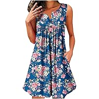 Sundresses for Women 2024 Summer Floral Button Swing Sundress Sleeveless Hide Belly Bohemian Casual Beach Tunic Dress