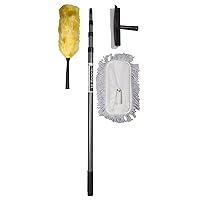 High Reach Cleaning Kit with 10-Foot Extension Pole for High Ceilings, Windows, and Walls, Fan and Ceiling Duster - Set Includes Telescopic 10 ft Pole, Window Squeegee, Static Duster, & Mop Head
