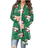 Women Christmas Tree Xmas Hat Open Front Long Sleeve Cardigan Loose Comfy Outerwear Lightweight Soft Sweater Coat