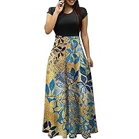 Dresses for Women, Casual Dress Tummy Control Dress for Women Short Sleeve Dress Womens Dressy Ethnic Printed Trendy Large Size Maxi Ladies Round Neck Floral Printting Trendy