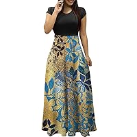 Maxi Dress for Women,Plus Size Casual Short Slevee Summer Dress Elegant Smocked Long Dress High Waist Flowy Dress