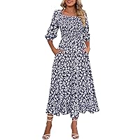 Berydress Summer Dresses for Women 2024 3/4 Sleeve Casual Square Neck Smocked Tiered Long Maxi Sun Dress with Pocket